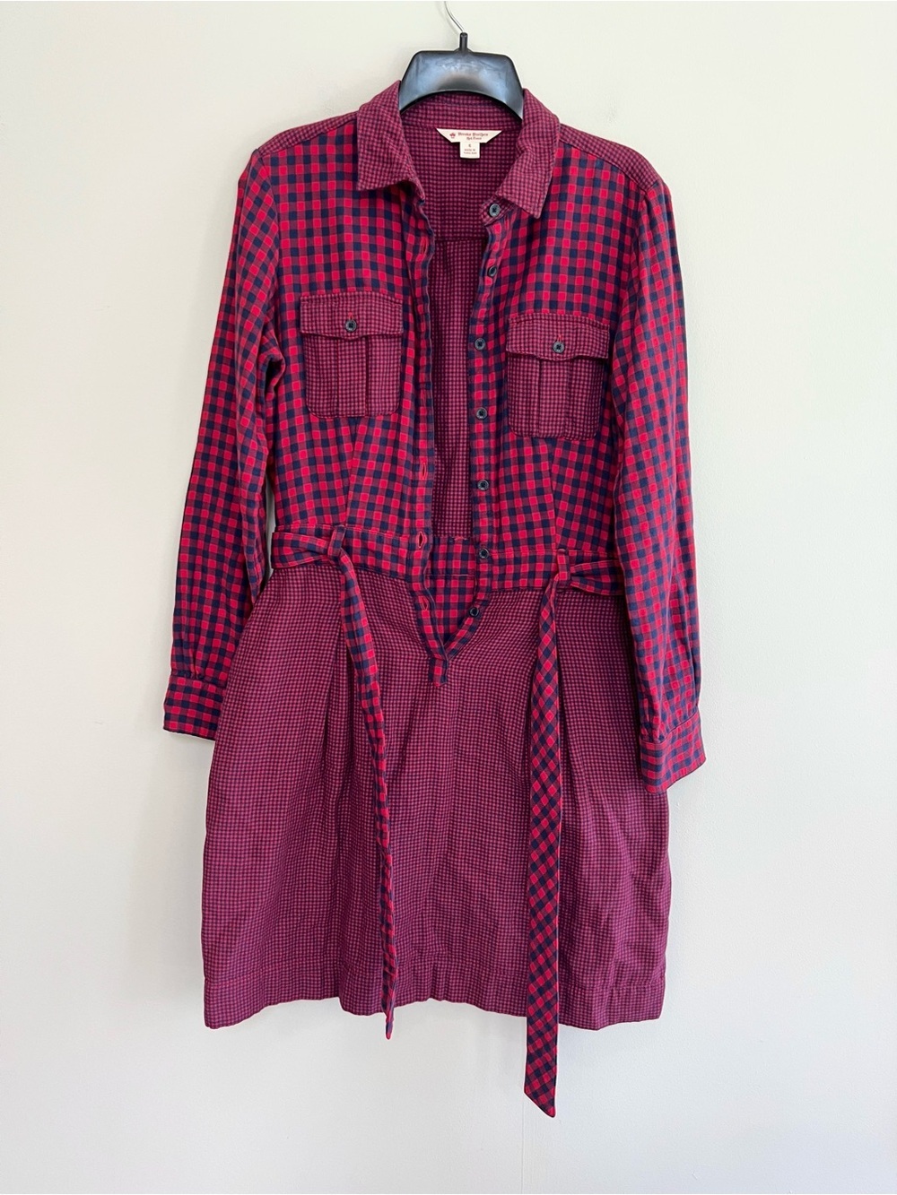 Brooks Brothers Plaid Flannel Cotton Long Sleeve Tie Waist Shirt Dress Pockets 6 - Picture 2 of 9